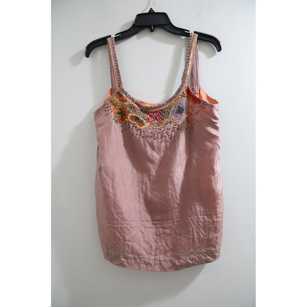 A Common Thread Silk Cotton Beaded Embroidered Floral Camisole Tank Top Mauve S